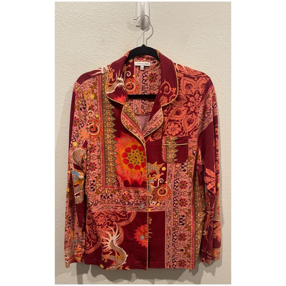 JOHNNY WAS Dragonia Longsleeve Whimsical Red Dragon Pajama Shirt - Picture 2 of 5